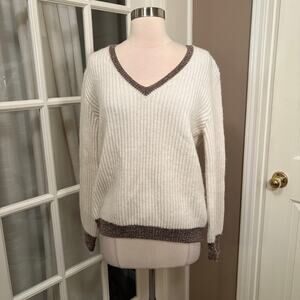 Morgan de Toi Off White Metallic Trim Sweater L Alpaca Wool Blend V Neck